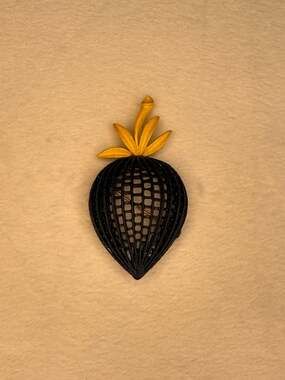 Vintage Black Enamel Lattice Strawberry Brooch with Yellow Leaves